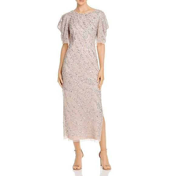 Adrianna Papell Midnight Filigree Beaded Sheath Evening Dress